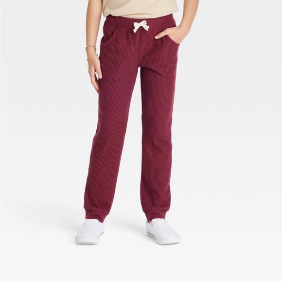 Girls' Cozy Waffle Burgundy Jogger Pants - Picture 3 of 4
